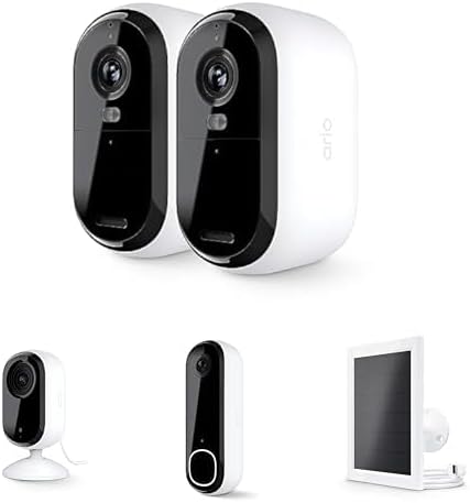 Arlo Essential Security Camera 2K Indoor/Outdoor 2 Cameras, Essential 2K Indoor 1 Camera, Video Doorbell & Solar Panel Bundle | Battery gets Charged with Solar Panels | White