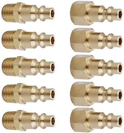 Air Hose Fittings And Quick Connect Air Fittings, 1/4 Inch NPT Brass Female Male Air Coupler Plug (10 Piece) Industrial Type D, Air Compressor Fittings (Female and Male Plug)