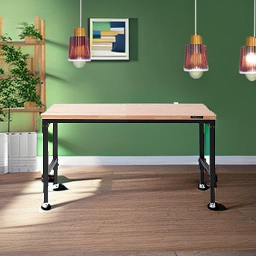 VEVOR Adjustable Workbench, 60" L x 22" W, 28"-39.5" Heights, 2000 lbs Load Capacity, Garage Worktable with Universal Wheels, Power Outlets & Hardwood Top & Storage & Foot Pads, for Office & Home