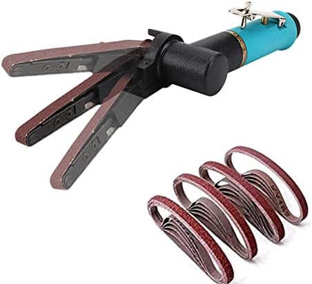 SI FANG Intensive Air Belt Sander 3/8 x 13 inch with 16Pcs Sanding Belts (Grit 40 60 80 120 each 4pcs), Mini Pneumatic Tool for Metal Wood Plastics Rubber, Providing Polishing, Stripping & Sanding