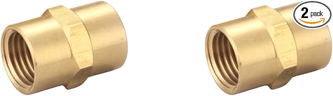 Brass Coupling 1/4 Inch NPT Female x 1/4 Inch NPT Female Hex Head Pipe Fitting (Pack of 2), Compressor connector fnpt to fnpt, Air Hose Adapter Brass Fittings