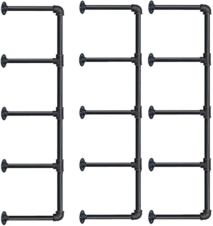 Tianman Industrial Wall Mount Iron Pipe Shelf Shelves Shelving Bracket Vintage Retro Black DIY Open Bookshelf DIY Storage offcie Room Kitchen Shelves (3Pcs,52" Tall,12" deep)