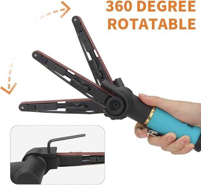 SI FANG Intensive Air Belt Sander 3/8 x 13 inch with 16Pcs Sanding Belts (Grit 40 60 80 120 each 4pcs), Mini Pneumatic Tool for Metal Wood Plastics Rubber, Providing Polishing, Stripping & Sanding