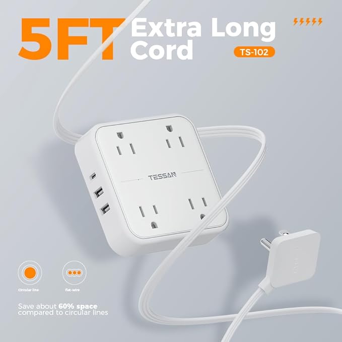 Surge Protector Power Strip, TESSAN Extension Cord 5FT with 4 Mutiple Outlets 3 USB(1 USB C) Charging Ports, 4 Sockets Desk Charging Station for Home Office Dorm Room Essentials, White