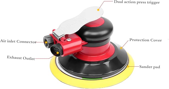Professional Air Random Orbital Palm Sander, Heavy Duty Dual Action Pneumatic Sander with 1pc Backing Plate (6 inch)