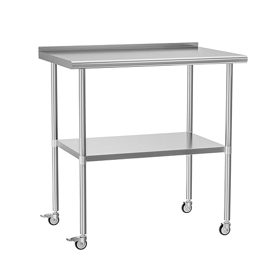 Stainless Steel Prep & Work Table with Adjustable Shelf, with Backsplash and Wheels, Kitchen Island, Commercial Workstations, Utility Table in Kitchen Garage Laundry Room Outdoor BBQ, 30" X 36"