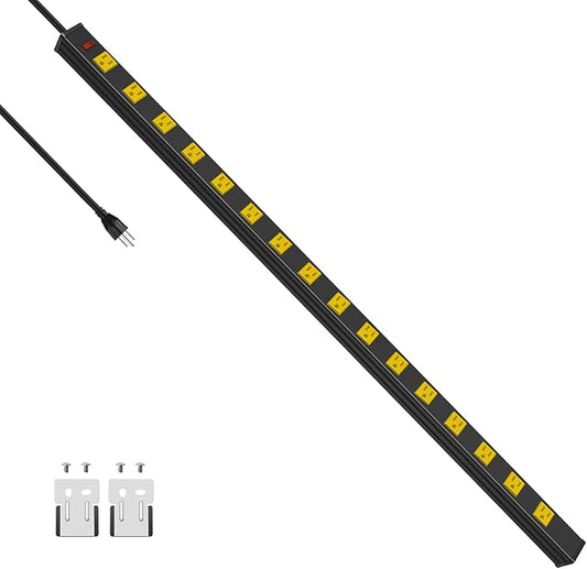 JUNNUJ Long Metal 16 Outlet Power Strip, Wide Spaced Garage Industrial Power Strip, Heavy Duty Power Strip with 15 FT Cord 15A, 125V, 1875W. Yellow