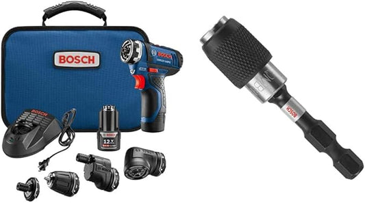 Bosch GSR12V-140FCB22 Cordless Electric Screwdriver 12V Kit - 5-In-1 Multi-Head Power Drill Set and ITBHQC201 2 1/4", Impact Tough Quick Change Bit Holder