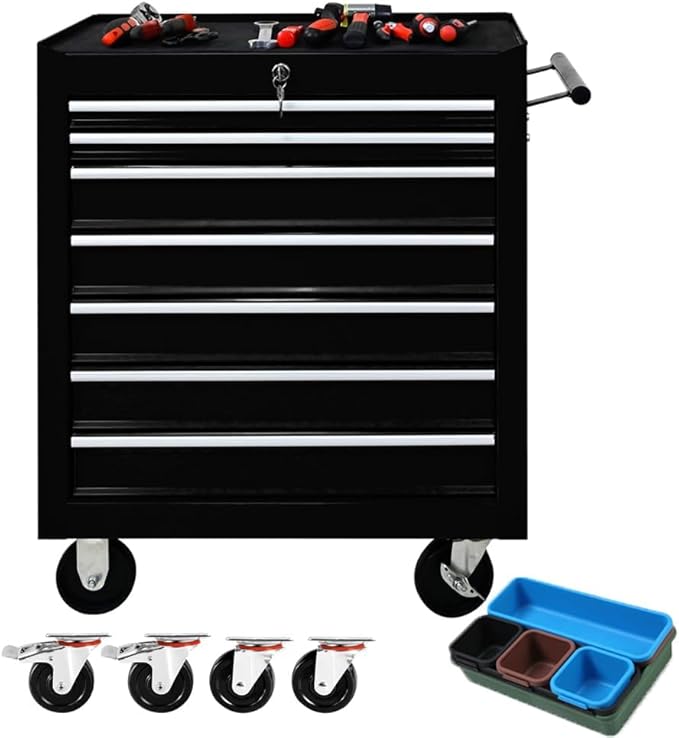 7 Drawer Metal Tool Chest 30 inch,Tool Cart On Wheels with Wheels,Mechanic Tool Cart with Lock and Toolboxes Trays for Garage Tool Storage Cabinet (Black)