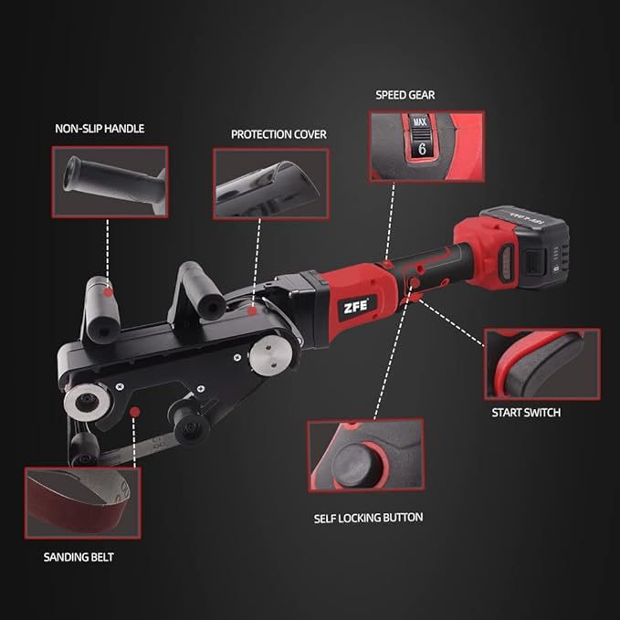Cordless Pipe Tube Polisher Sander, ZFE 21V 28A Variable Speed Sander Polisher Grinder, Low Noise Brushless Pipe Polisher Belt Sander Tool, Stainless Steel Polisher Machine, for Pipe Grinding