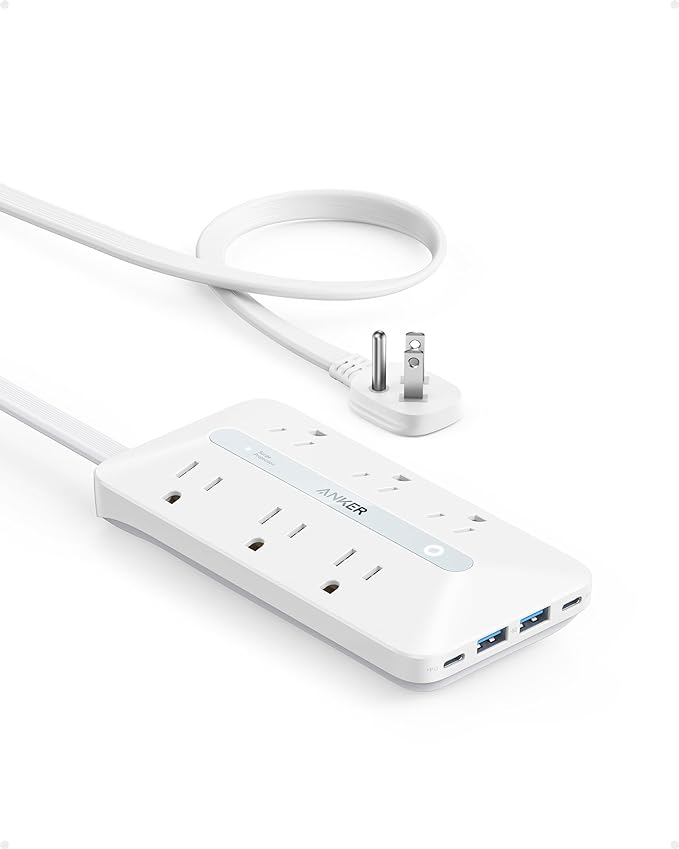 Anker Flat Plug Power Strip(300J), 20W USB C Power Strip, 10-in-1 Ultra Thin Power Strip with 6 AC, 2 USB A/2 USB C,10feet Extension Cord, Desk Charging Station,Home Office College Dorm Essentials