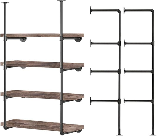 Industrial Wall Mount Iron Pipe Shelf Bracket,Retro DIY Open Bookshelf,Storage Shelves, Ceiling Hung Shelves for Home Kitchen Bathroom Living Room Office(2PcsX4Tier,56" Tall,12" deep,Hardware Only)