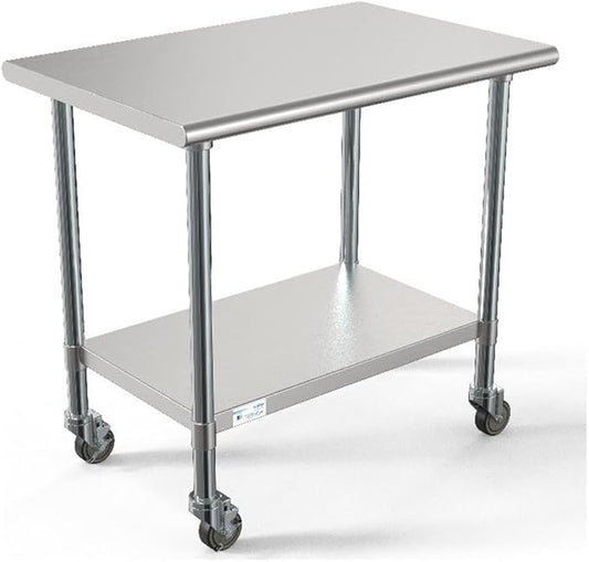 KoolMore Commercial 24” x 36” Stainless Steel Work Table Wheels for Restaurant or Home Use, Under Storage Shelf for Food, Tools, Equipment, Hardware, Heavy Duty Metal Workspace (CT2436-18C), Silver
