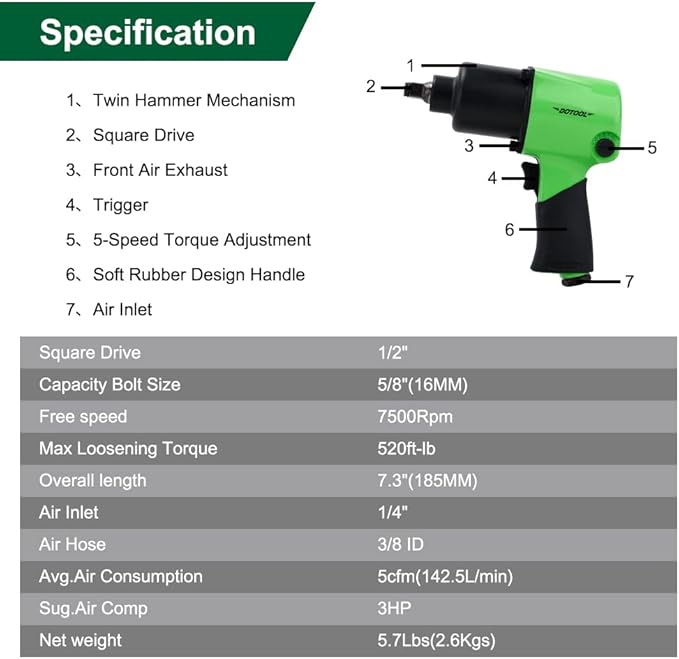 Air Impact Wrench 1/2 Inch 5-Speed Pneumatic Square Drive Heavy Duty 520ft-Lbs Max Loosening Torque Pneumatic Impact Wrench Twin Hammer Impact Gun for Automobile Repair