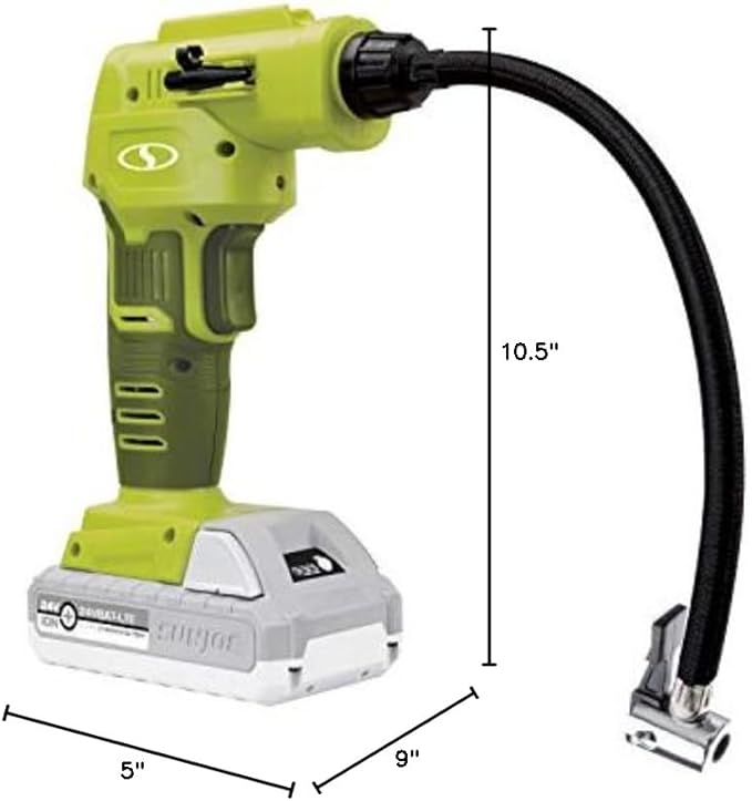 Sun Joe 24V-AJC-AJV-LTE 24V IONMAX High Volume Inflator & Portable Air Compressor Kit, w/ 2.0-Ah Battery + Charger, Storage Bag, 3 Inflation Adapters, and Nozzle Pin Attachments