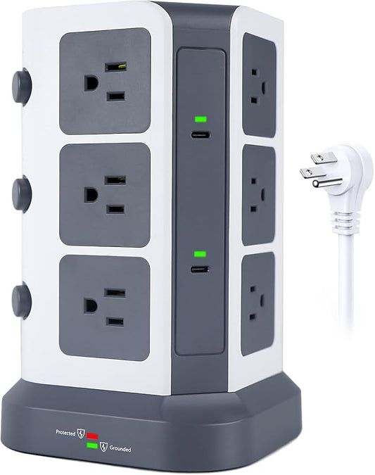 KOOSLA Power Strip Tower with 2 USB C, 1500J Surge Protector with 12 Outlets& 5 USB(1875W/15A), 6.5ft Extension Cord with Multiple Outlets,Home Office Desk Supplies, Dorm Room Essentials, Gray