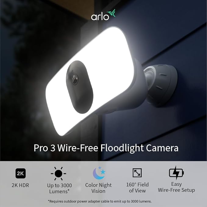 Arlo Pro 3 Floodlight Camera - Wireless Security Camera with LED Floodlight, Color Night Vision, Motion Sensor, 2-Way Audio & 2K Resolution with HDR - White, FB1001