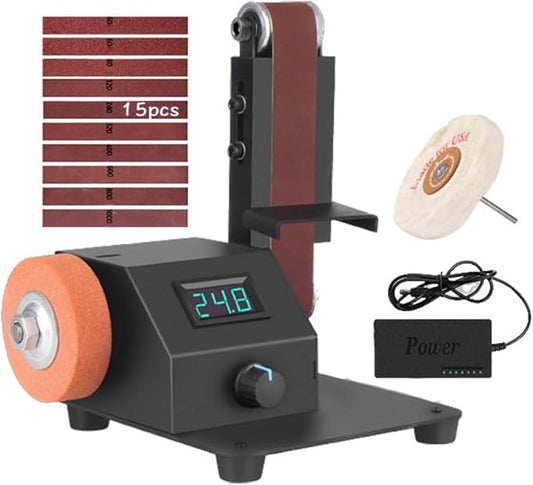 Mini Belt Sander w/Variable Speed Control & Digital Display, 350W Power Sander for Woodworking Metal Precision Angle Adjustable Grinder, 15 Belts(W:30mm) + Polishing Wheel/Disc
