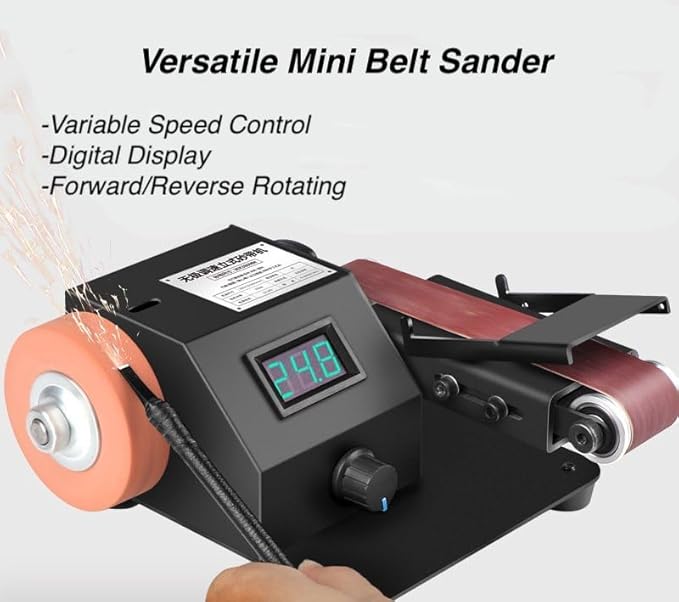 Mini Belt Sander w/Variable Speed Control & Digital Display, 350W Power Sander for Woodworking Metal Precision Angle Adjustable Grinder, 15 Belts(W:30mm) + Polishing Wheel/Disc