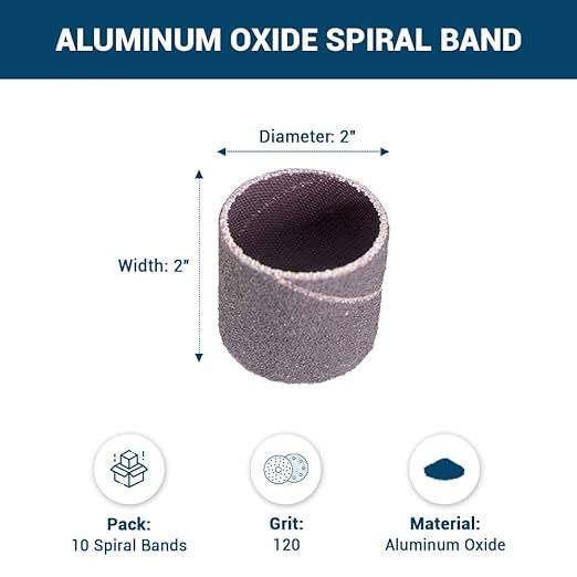 Benchmark Abrasives 2" x 2" Aluminum Oxide Sanding Bands, Spiral Bands Rotary Sander Attachment for Drill & Die Grinder, Metal Polishing, Sanders for Woodworking - Sander Tool (10 Pack), 120 Grit