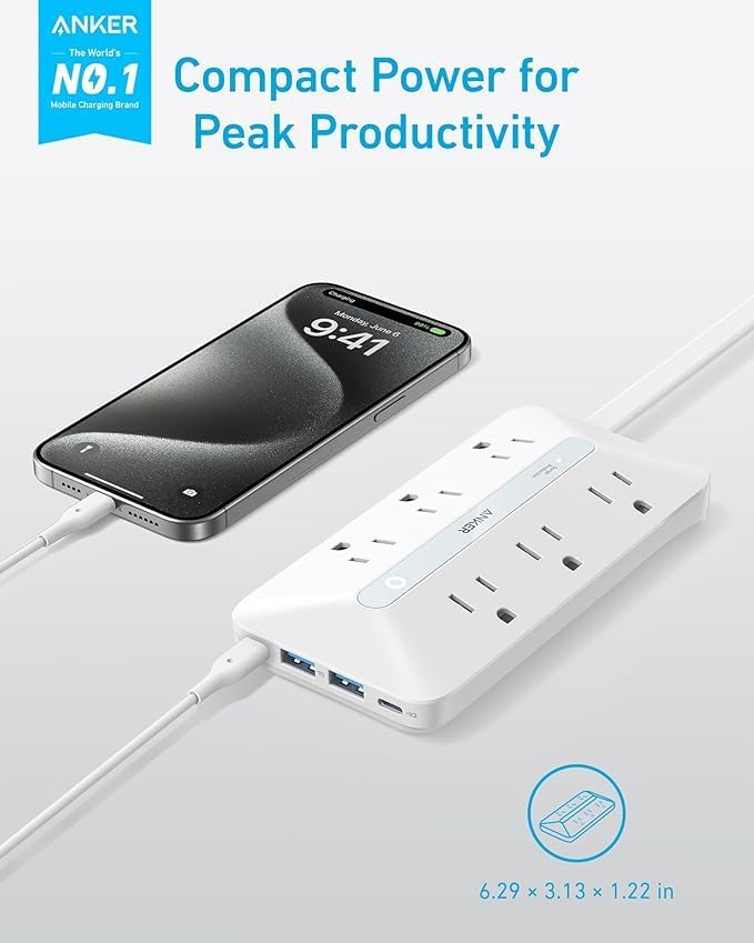 Anker Flat Plug Power Strip(300J), 20W USB C Power Strip, 10-in-1 Ultra Thin Power Strip with 6 AC, 2 USB A/2 USB C,10feet Extension Cord, Desk Charging Station,Home Office College Dorm Essentials