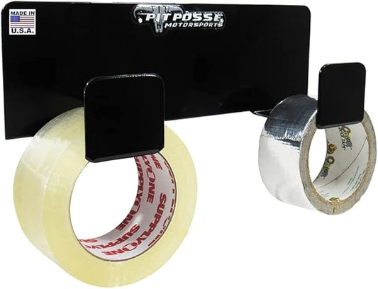 Pit Posse 546BK Duct Tape Holder Double Bracket Universal - Made in USA - for Garage Enclosed Trailer Shop Storage Organizer Motorcycle Automotive Race Aluminum Accessories -Holds 2 Rolls (Black)