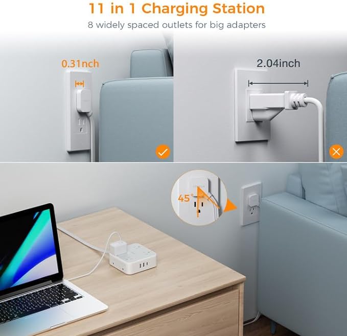 Flat Plug Long Extension Cord 25 Ft, TESSAN Power Strip Surge Protector with 8 Outlets 3 USB Ports (1 USB C), 900J Protection Desktop Charging Station for Home, Office, Dorm Room Essentials