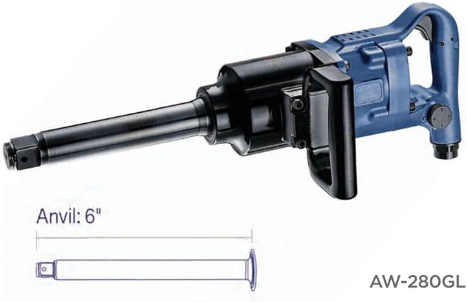 AW-280GL 1" Lightweight Air Impact Wrench – 6" Shaft, 2200 ft-lb Max Torque, 2500 ft-lb Nut Busting Torque, Twin Hammer, Magnesium Alloy Design