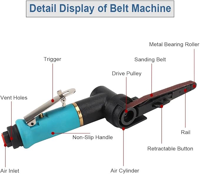 SI FANG Intensive Air Belt Sander 3/8 x 13 inch with 16Pcs Sanding Belts (Grit 40 60 80 120 each 4pcs), Mini Pneumatic Tool for Metal Wood Plastics Rubber, Providing Polishing, Stripping & Sanding