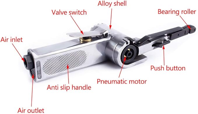 Air Belt Sander Grinder 3/8'' x 13'' with 6Pcs Belts (#60,#80,#120) For Polishing Plastic, Aluminium, Iron, Steel and Metal