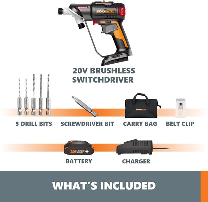 Worx Nitro 20V SwitchDriver 2.0, 2-in-1 Brushless Cordless Drill Driver, Drill Set Rotatable Dual 1/4" Chucks, Compact Cordless Drill with Digital Torque Setting WX177L – (Battery & Charger Included)