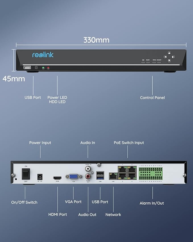 REOLINK 36CH Network Video Recorder for Home Security Camera System,Only Work with 16MP/12MP/4K/8MP/5MP/4MP The Same Brand PoE IP Cam,Integrated O/I Alarm System,3 HDD Bays,No HDD Included,RLN36