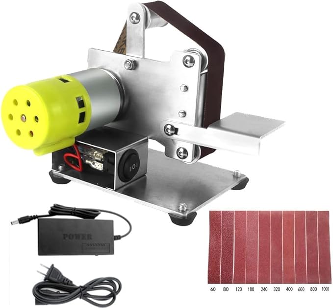 Electric Belt Sander for Woodworking, Mini Belt Sander for Metal Plastic Working DIY Small Projects, 7 Speed Regulation, Angle Adjustable Belt Knife Sharpener with 10pcs Belts and Dust Shield