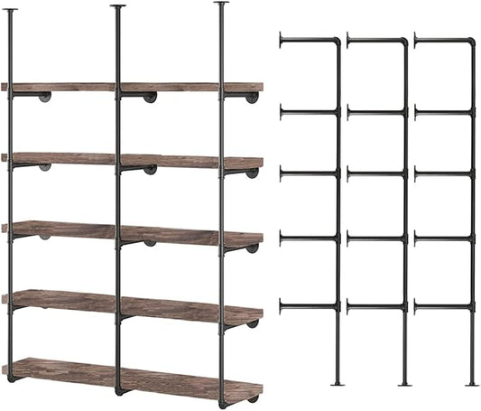Industrial Wall Mount Iron Pipe Shelf Bracket,Retro DIY Open Bookshelf,Storage Shelves, Ceiling Hung Shelves for Home Kitchen Bathroom Living Room Office(3PcsX5Tier,70" Tall,12" deep,Hardware Only)