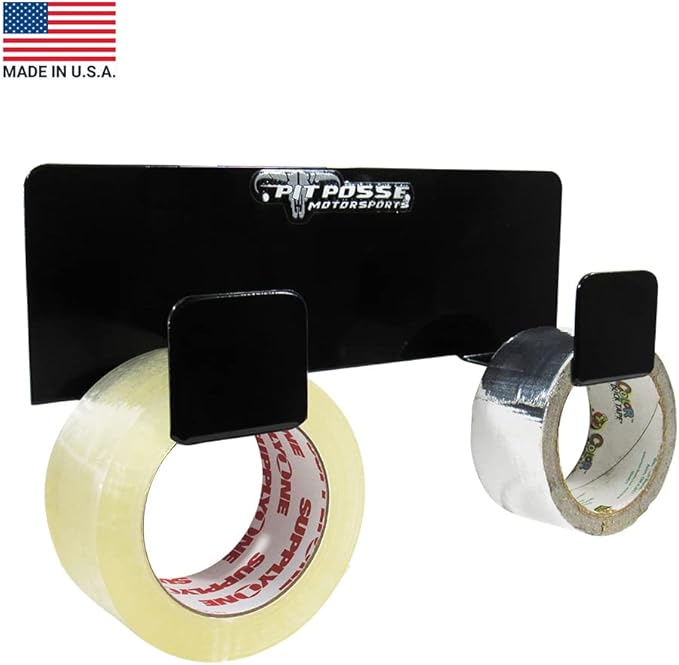 Pit Posse 546BK Duct Tape Holder Double Bracket Universal - Made in USA - for Garage Enclosed Trailer Shop Storage Organizer Motorcycle Automotive Race Aluminum Accessories -Holds 2 Rolls (Black)