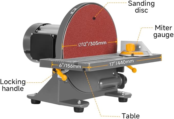 Hoteche 12-Inch Benchtop Disc Sander 6.5-Amp Sanding Machine with Miter Gauge and Dust Collection System for Wood and Metal