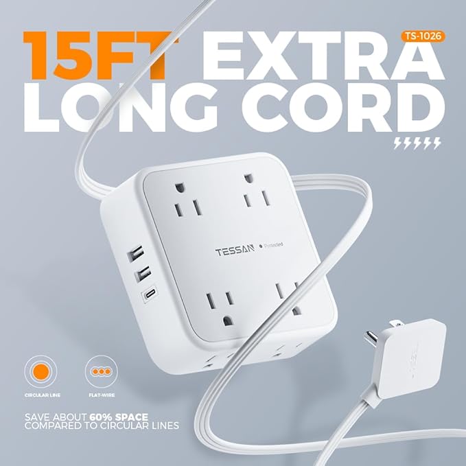 Long Flat Extension Cord 15 ft, TESSAN Surge Protector Power Strip 15 Feet with 4 Outlets 3 USB Ports (1 USB C), 3 Prong Flat Plug Charging Station with Surge Protection, Wall Mount Indoor Essentials
