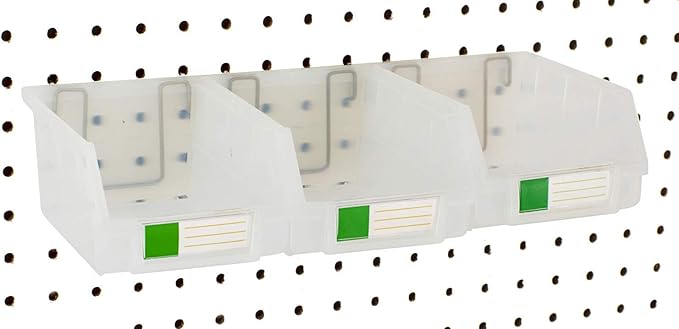 Pegboard Bins – 3 Pack Clear Large - Hooks to Any Peg Board - Organize Hardware, Accessories, Attachments, Workbench, Garage Storage, Craft Room, Tool Shed, Hobby Supplies, Small Parts