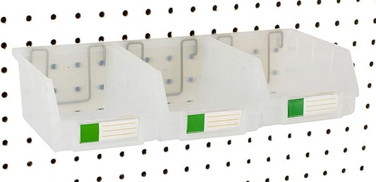 Pegboard Bins – 3 Pack Clear Large - Hooks to Any Peg Board - Organize Hardware, Accessories, Attachments, Workbench, Garage Storage, Craft Room, Tool Shed, Hobby Supplies, Small Parts