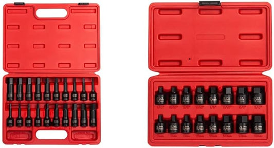 Sunex 1/2" & 3/8" Drive Impact Hex Driver Sets, 36 Pieces, SAE/Metric Sizes, Cr-Mo Steel, Dual Size Markings, Heavy Duty Storage Cases