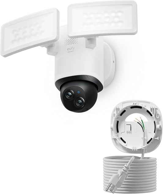 eufy Floodlight Camera E340 with AC Cable, Security Camera Outdoor, 360° PTZ, 24/7 Recording, 2.4G/5G Wi-Fi, 2000 LM, Motion Detection, Built-in Siren, Dual Cam, HB3 Compatible, No Monthly Fee