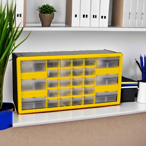 Akro-Mils 10126 26-Drawer Plastic Drawer Storage Cabinet for Garage Organization, Bead Organizer, Lego Storage, Teacher Toolbox, Makeup Organizer, and More, 20-Inch W x 6-Inch D x 10-Inch H, Yellow