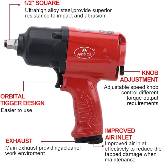 AEROPRO TOOLS 1/2-Inch Aluminum Air Impact Wrench(A398),Twin Hammer with 1000FT-LB Super Torque, Pneumatic Impact Gun, for Auto Repair, Tire Shop (A398 Aluminum Housing)