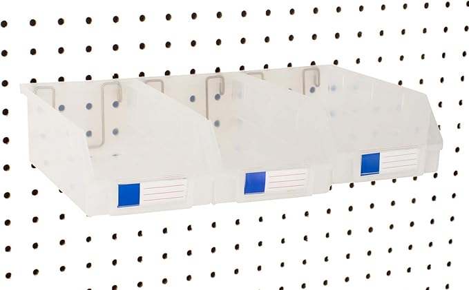 Pegboard Bins – 3 Pack Clear Extra Large - Hooks to Any Peg Board - Organize Hardware, Accessories, Attachments, Workbench, Garage Storage, Craft Room, Tool Shed, Hobby Supplies, Parts