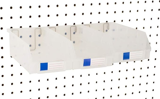 Pegboard Bins – 3 Pack Clear Extra Large - Hooks to Any Peg Board - Organize Hardware, Accessories, Attachments, Workbench, Garage Storage, Craft Room, Tool Shed, Hobby Supplies, Parts