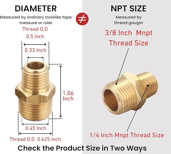3/8 Inch NPT Male x 1/4 Inch NPT Male Solid Brass Reducing Hex Nipples, Brass Pipe Adapter Fittings Reducing Nipples Connector (2 Piece)