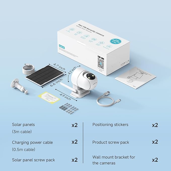 2K Solar Security Cameras Wireless Outdoor, 2PCS Outdoor Camera Wireless with 360° View, Cameras for Home Security with Color Night Vision/2-Way Audio, 2.4GHz Wi-Fi Only