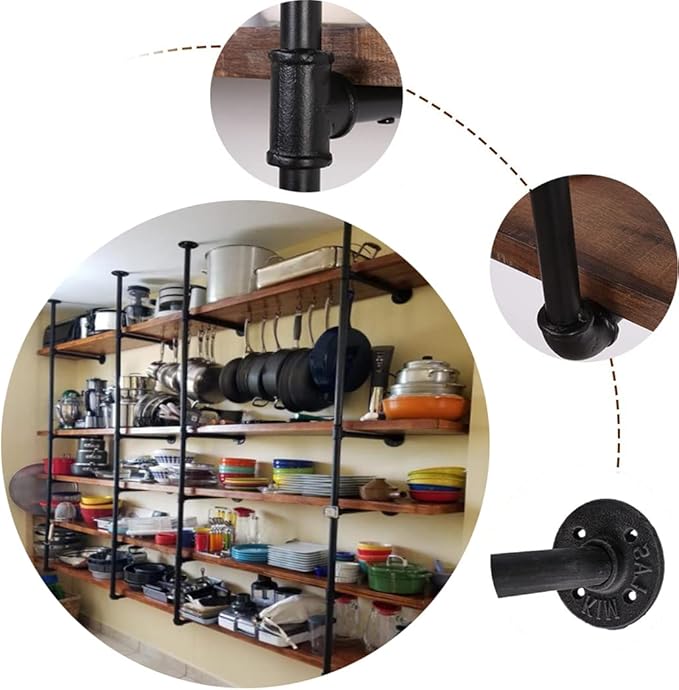 Industrial Wall Mount Iron Pipe Shelf Bracket,Retro DIY Open Bookshelf,Storage Shelves, Ceiling Hung Shelves for Home Kitchen Bathroom Living Room Office(2PcsX4Tier,56" Tall,12" deep,Hardware Only)