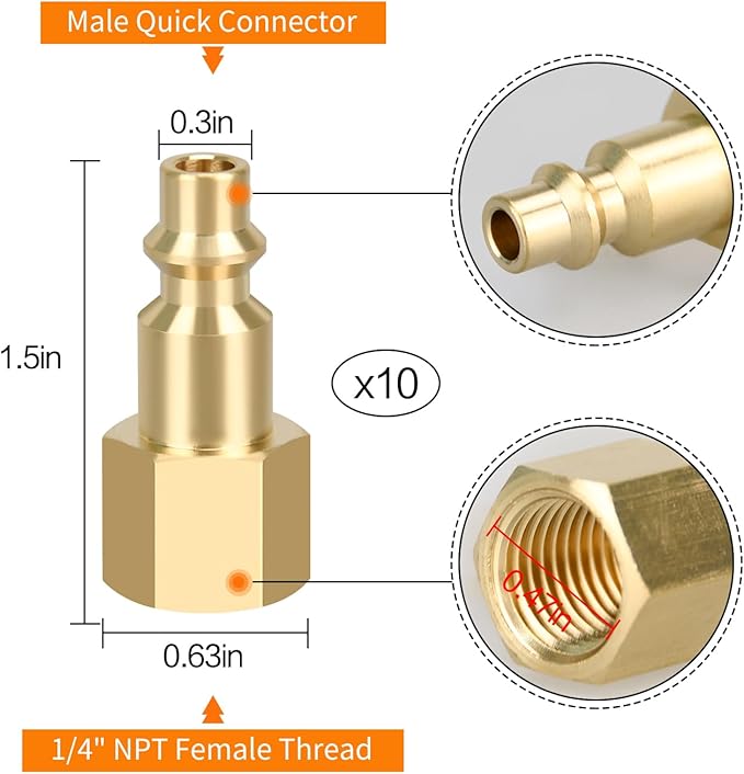 Air Coupler and Plug Kit, 10pcs Air Coupler and Plug Kit, 1/4 Inch NPT Industrial Brass Air Hose Fittings, Quick Connector Air Fittings for Automotive and Home (10pcs 1/4" FNPT Plug)