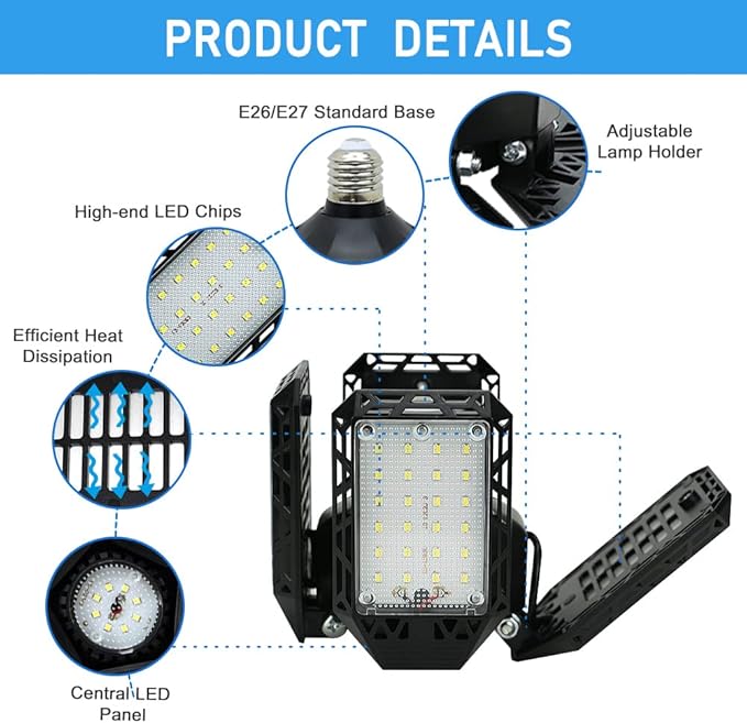2-Pack LED Garage Light,150W Garage Lights Deformable LED Garage Ceiling Lights,15000LM Garage Lighting with 4 Adjustable Panels, E26/E27 LED Shop Lights for Garage, Basement, Workshop